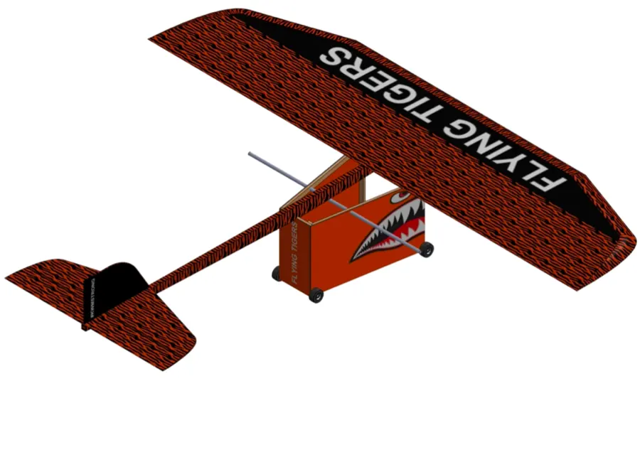 CAD render of the glider: a flat orange wing with a fuselage beam and tail, labeled Flying Tigers.