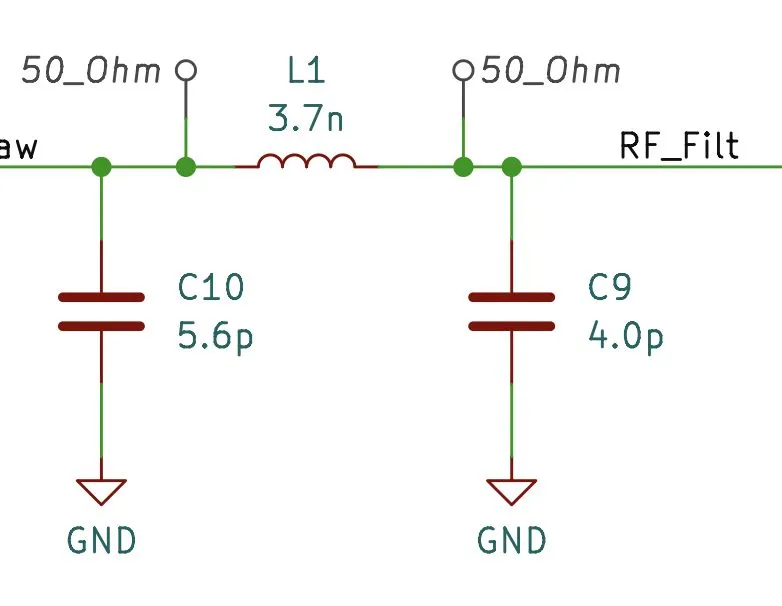Schematic of a pi matching network: C10 5.6 pF to ground, series L1 3.7 nH, C9 4.0 pF to ground, between two 50-ohm nodes.