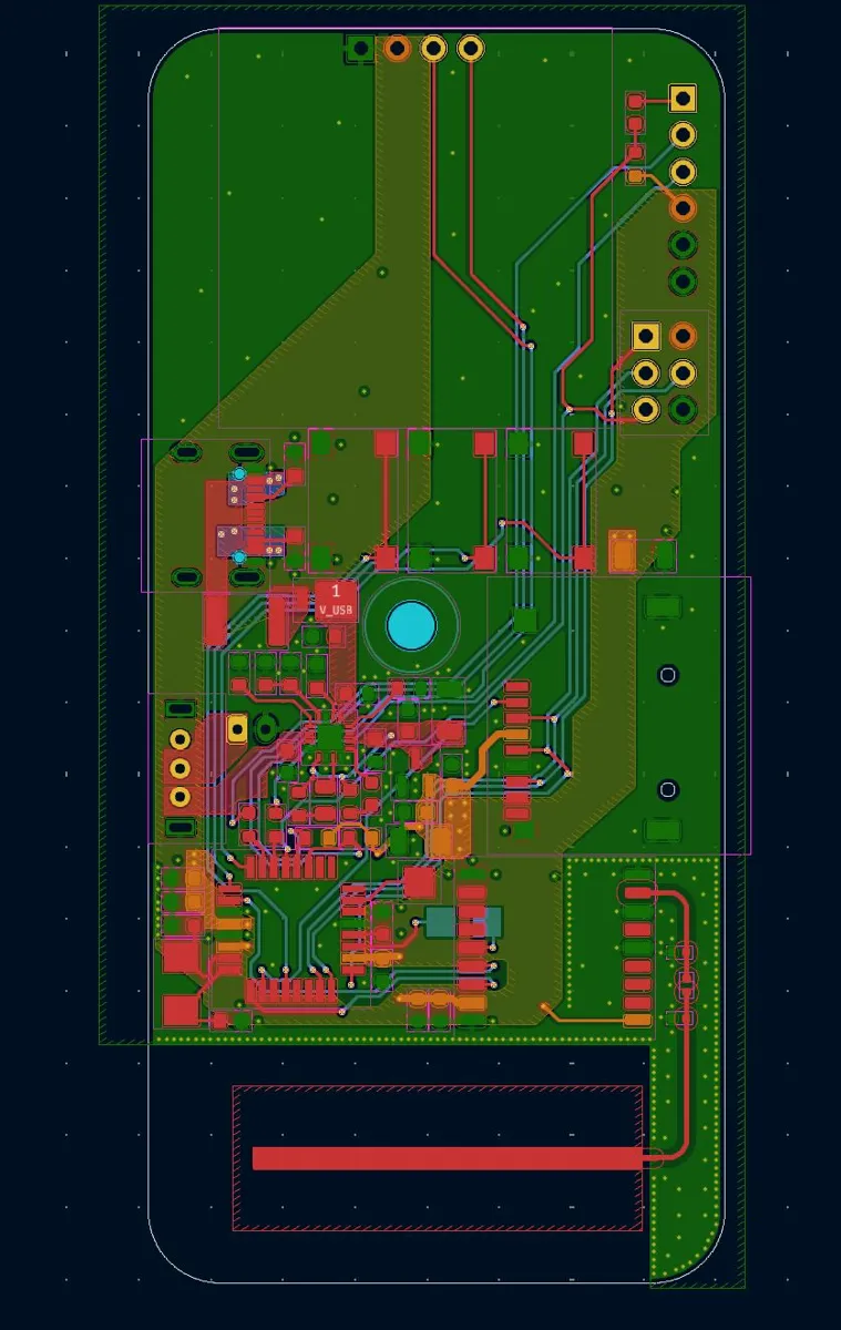 PCB layout with the quarter-wave antenna along the bottom edge.