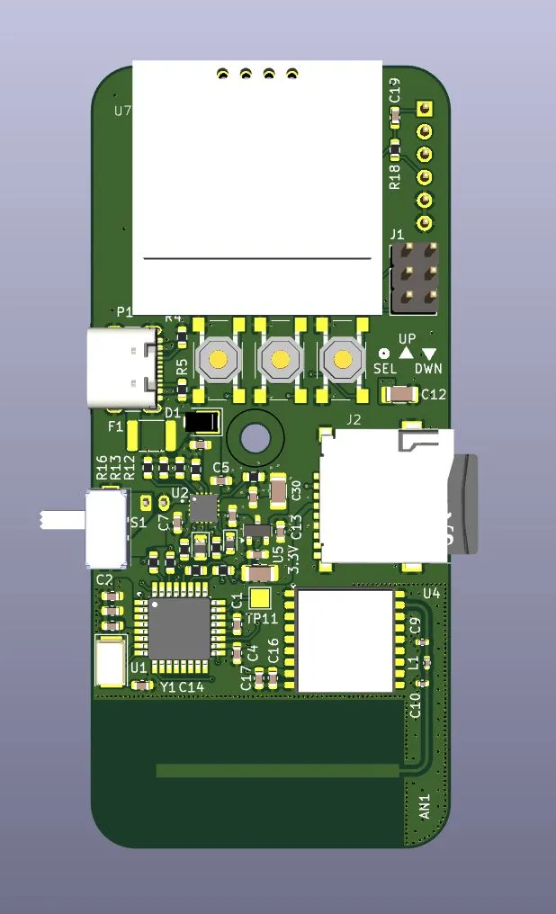 3D render of the range finder PCB showing the component side.