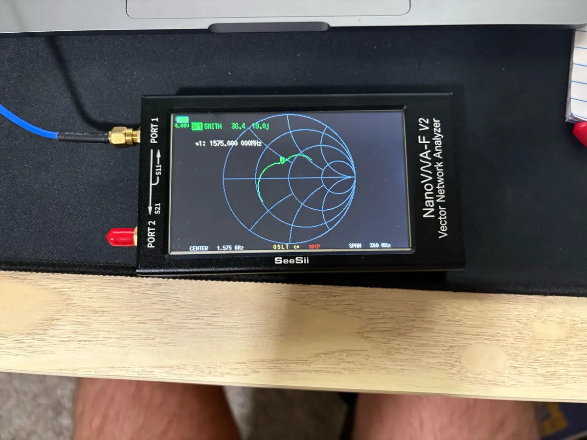 Vector network analyzer displaying a Smith chart.