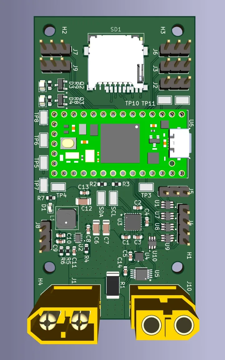 3D CAD render of the whole flight controller PCB, shown rotated: a microSD slot and pin headers at the top, a green Teensy 4.0 in the middle, sensors and the buck converter below it, and two yellow XT60 connectors at the bottom.