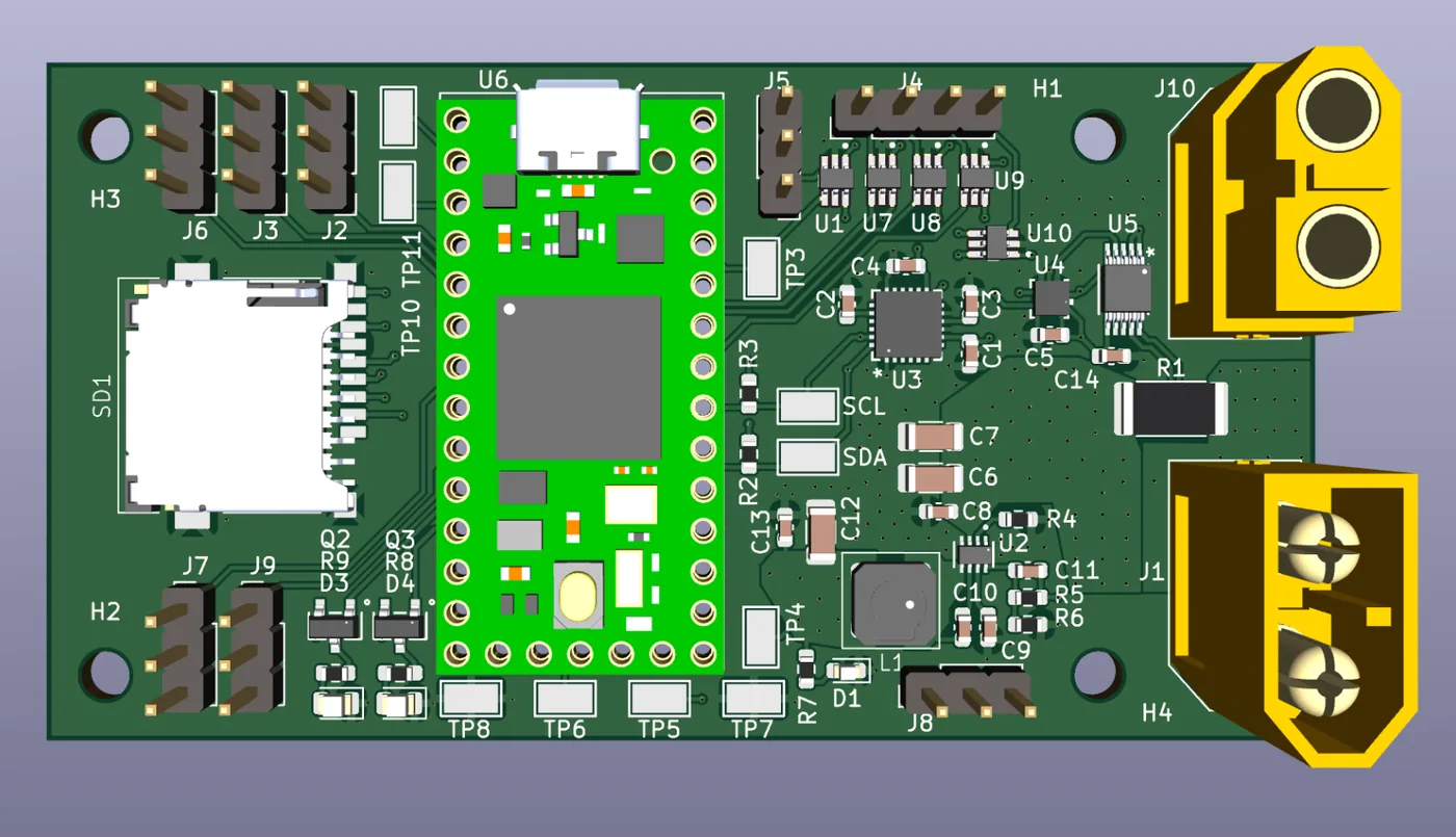 3D render of the flight controller PCB: a green Teensy 4.0 in the middle, a microSD slot and pin headers on the left, sensors and the buck converter on the right, and two yellow XT60 connectors on the right edge.