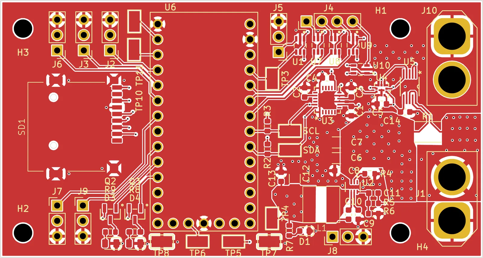 PCB layout view of the board in red copper with yellow silkscreen labels for the Teensy footprint U6, microSD SD1, headers, sensors and the two XT60 connectors J1 and J10.